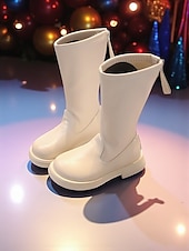 voordelige Kinderlaarzen-Koreaanse idool geïnspireerde popster kostuum schoenen meisjes witte imitatie leren halfhoge laarzen met rits aan de zijkant, comfortabele zool, modieuze performance schoenen voor op het podium, dans