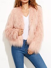 preiswerte Felle &amp; Leder-Damen Kunstpelzmantel Warm Bequem Pelze &amp; Leder Mode Einfach Urlaub Straße Ausgehen Wochenende Regulär Rundhalsausschnitt Normale Passform Langarm Oberbekleidung Schwarz Weiß Rosa Herbst Winter