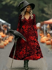 cheap Halloween Dress-Halloween Women&#039;s Midi Dress A Line Dress Vacation Casual Boho Beach Regular Fit Graphic Abstract Long Sleeve V Neck White Dark Red Wine Brown Spring Fall Winter