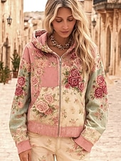 Women's Zip Up Hoodies Floral Graphic Fashion Casual Long Sleeve Hooded Regular Tops Street Dailywear Patchwork Zipper Pocket Pink Spring Fall3