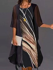 voordelige Kunst &amp; Design Jurk-Dames Jurk Set A lijn jurk Vakantie Casual Grafisch Streep Meerlaags Afdrukken Mini-jurk Halve mouw Strakke ronde hals Dagelijks Zwart blauw Beige Zomer Lente Ruim Passend