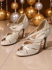 levne Boty na latinskoamerické tance-Dámské saténové boty na latinskoamerické tance s otevřenou špičkou a kamínkovými detaily, elegantní a třpytivý design, ideální na Gatsby párty a taneční plesy