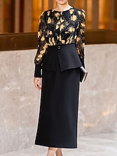 abordables Ensembles de robes pour maman-Deux Pièces Ensembles de Robes Robe de Mère de Mariée  Élégant ancien Col ras du cou Longueur thé Chiffon manche longue avec Imprimé