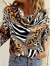preiswerte Elegante Oberteile-Damen Hemd Leopard Geometrisch Elegant Täglich Langarm Wasserfallausschnitt Normale Oberteile Arbeit Täglich Abendgesellschaft Drapiert Braun Frühling Herbst Winter Frühling, Herbst, Winter, Sommer