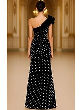 preiswerte Schlauch-Abendkleider-Abendkleid mit schwarzer Krawatte, Etuikleid/Säule, elegantes Abendkleid, formelle Hochzeit, bodenlang, ärmellos, eine Schulter, Samt mit Perlen und Schulterblumen 2025
