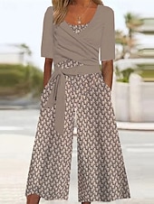 olcso nyaralás jumpsuit-Női Szabályos Jumpsuitek Utcai sikk Mértani Féhosszú Széles lábszár U-alakú Zseb Utca Napi Normál Khakizöld Tavasz