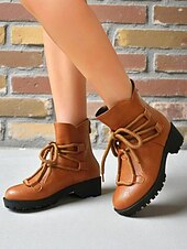 levne Kotníkové boty-Dámské hnědé kotníkové boty z umělé kůže s robustním podpatkem – ležérní outdoorový a streetwear styl
