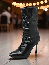 abordables Fête de la Vie Nocturne-Bottines souples en similicuir noir pour femme - Chaussures de soirée à bout pointu et talon aiguille haut pour la vie nocturne et les soirées en boîte