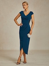 abordables Robe de cocktail-Femmes Robe maxi Robe fourreau Élégant Coupe régulière Couleur Unie Manche Courte Col en V Bleu Encre Été Printemps