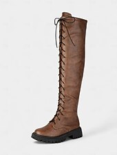 baratos Botas da moda-Botas femininas marrons de couro sintético com cadarço acima do joelho - botas estilo equestre knightcore com sola grossa e estilo grunge dos anos 90 para streetwear &amp;roupas para festivais de outono