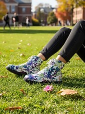 baratos Botas de combate-Botas de combate femininas com cadarço e estampa floral branca/roxa – botas casuais de cano curto com estampa floral colorida para uso diário, viagens e streetwear