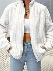 abordables Gilet Ouvert-Femmes Pull Cardigan Streetwear Occasionnel Couleur Unie Col montant Fermeture éclair Tricoté manche longue Hauts Réguliers Tricoter Extérieur Fête Week-end Blanche Automne Hiver