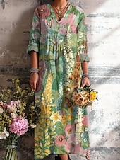 preiswerte Lässige Blumenkleider-Ostern Damen Midikleid Sommerkleid A Linie Kleid Urlaub Lässig Boho Ausgehen Strand Lässiger Schnitt Blumen Grafik Geometrisch Langarm V Ausschnitt Gelb Rosa Orange Grün Sommer Frühling Herbst Winter