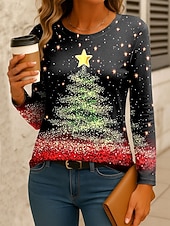 abordables T-shirts de Noël-Noël Femmes T-shirt Graphique Arbre de Noël ancien Mode Élégant manche longue Col ras du cou Hauts Réguliers Quotidien Week-end Imprimé Jaune Rose Claire Rouge Bleu Vert Printemps Automne Hiver
