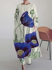 billiga Blommig klänning-Dam Maxiklänning A linjeklänning Fit And Flare Klänning party Födelsedag Ledigt Fest Kontor Bröllopsgäst Lös passning Blommig Grafisk Långärmad Rund hals Gul Rubinrött Blå Grön Vår Höst Vinter
