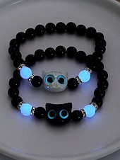 levne Módní doplňky-Dámský halloweenský korálkový náramek s kočkou, který svítí ve tmě – roztomilý černobílý strečový náramek s kočičím přívěskem na párty, cosplay a dárky