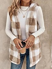 billiga Fleece-fodrade jackor-Dam Vinterkappa Fleeceväst Sherpajacka Bekväm Andningsfunktion Mönster Ledigt Rutig Semester Gata Ledigt Dagliga kläder Öppen front Normal Huva Normal Ärmlös Ytterkläder Kaki Vår Höst