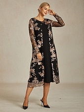 Недорогие Куртки-Женские топы из ткани с пайетками цветочные элегантные стильные с длинным рукавом круглым вырезом длинные топы вечернее полуформальное пляжная свадьба черное весна осень зима