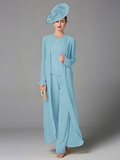 abordables Costumes-pantalons pour maman-Pantalon de mariage à la plage ensemble de 3 pièces mère de la mariée invitée de mariage formelle élégante grande taille avec encolure bateau longueur au sol manches longues enveloppe incluse avec