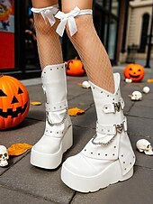 levne Pro ženy-Dámské gotické kozačky na platformě do poloviny lýtek, punk rock, nýtový řetízek, černobílé boty na halloweenskou párty, cosplay kostým, noční klub, streetwear a gotickou módu