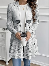 cheap Print Coats-Women's Coat Lightweight Comfortable Skulls Print Vintage Artistic Casual Skull Casual Long Collarless Regular Fit Long Sleeve Outerwear Black White Brown Spring Fall
