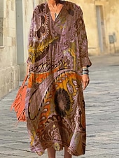 abordables Art &amp; Design Robes-Femmes Robe Midi Robe d&#039;Été Robe trapèze Vacances Occasionnel Boho Sortir Plage Coupe Ample Graphique Géométrique manche longue Col en V Rose Claire Bleu Violet Claire Marron Printemps Automne Hiver