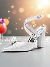 cheap Cocktail-Women&#039;s Blue Satin Block Heel Pumps with Pearl Detail and Ankle Strap - Elegant Pointed Toe Shoes for Formal Occasions and Cocktail Parties