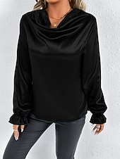 Недорогие Нарядные блузки-Жен. Рубашка Elegant Нарядный Атласный верх Драпировка Сплошной цвет Стиль На каждый день Длинный рукав Вырез-хомут Обычные топы Повседневные На выход Черный Розовый Зеленый Абрикосовый Весна Осень