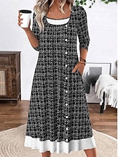 preiswerte Streifen- und geometrisches Kleid-Damen Midikleid Shiftkleid Lässig Täglich Normale Passform Grafik Geometrisch Langarm Quadrathals Schwarz Frühling Herbst Winter