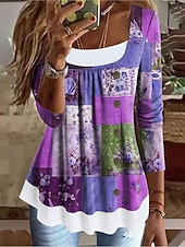 abordables T-shirt floral-Femmes T-shirt Fleuri Graphique ancien Élégant Classique manche longue Col carré Hauts Longs Quotidien Week-end Patchwork Boutons Imprimé Rouge Bleu Violet Vert Printemps Automne Hiver
