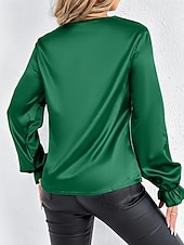 Недорогие Нарядные блузки-Жен. Рубашка Elegant Нарядный Атласный верх Драпировка Сплошной цвет Стиль На каждый день Длинный рукав Вырез-хомут Обычные топы Повседневные На выход Черный Розовый Зеленый Абрикосовый Весна Осень