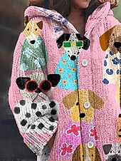 preiswerte Strickjacken und Oberbekleidung-Damen Strickjacke Täglich Lässig Grafik Tiermotiv Gerippt Mit Kapuze Tasche Knöpfe Druck Langarm Normale Oberteile Stricken Outdoor Wochenende Rosa Herbst Winter
