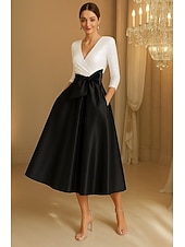 ieftine Rochii Cocktail-Linia -A Rochii de cocktail Elegant Rochie formală Oficial Nuntă Lungimea ceaiului Lungime Manșon 3/4 În V Satin întins cu Arc 2025