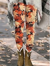 tanie wzór kwiatowy-Damskie Getry Urlop Zabytkowe Moda Pełna długość Wysoka talia Kwiaty Graficzny Kształt listka Drukowanie Keep Warm Miękka Oddychający Elastyczny Urlop Ulica Czarny Pomarańczowy Brązowy Wiosna Jesie