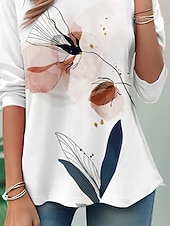 levne květinové tričko-Dámské Tričko Tisk Květinový Grafika Abstraktní Vinobraní stylové Klasické Dlouhý rukáv Tričkový Kulatý Běžné topy Denní Bílá Světlá růžová Jaro Podzim Zima