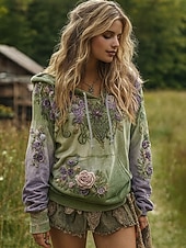 Women's Pullover Hoodie Sweatshirt Floral Graphic Punk Active Vintage Long Sleeve Hooded Regular Tops Street Dailywear Casual Print Front Pocket Green Spring Fall Winter3