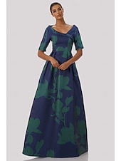 abordables Robes de Soirée en A-A-Line Robe de soirée élégante robe formelle mariage longueur au sol à manches courtes col de chemise poche satin avec imprimé floral