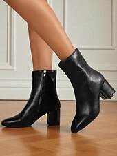 baratos Botas de tornozelo-Botas femininas brancas de couro sintético – botinhas estilosas com salto grosso e zíper lateral para looks casuais, de trabalho e do dia a dia
