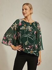 abordables chemises, hauts et chemisiers-chemisier femme mousseline transparente imprimé floral vert manches mi-longues ourlet superposé col rond pull