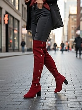 economico Stivali alla moda-stivali sopra il ginocchio da donna in pelle scamosciata bordeaux con tacco a blocco e bottoni decorativi - versatili per l'autunno &amp;calzature invernali alla moda per look streetwear e serali alla