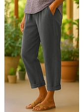 cheap Plain Cotton Linen Pant-Women&#039;s Cotton Pants Vacation Vintage Ethnic Style Ankle-Length High Waist Plain Comfy Breathability Soft Micro-elastic Army Green Dark red Black White Summer Spring Loose Fit