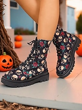 レディースハロウィンスカルプリントコンバットブーツ - ゴシックフェスティバルやコスプレパーティーにぴったりのバラ柄レースアップチャンキーソールアンクルブーツ お買い得  女性向け-レディースハロウィンスカルプリントコンバットブーツ - ゴシックフェスティバルやコスプレパーティーにぴったりのバラ柄レースアップチャンキーソールアンクルブーツ