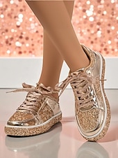 billiga Damsneakers-Damsneakers med guldfärgad glitter – glänsande snörskor med glittrig design för nattliv, klubbar och fester