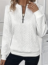 abordables Camiseta lisa-Mujer Blusa Cremallera Color sólido Elegante Casual Manga Larga Cuello Barco Tops regulares Diario Azul Piscina Negro Blanco Rosa Primavera Otoño Invierno