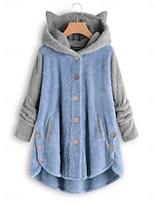 halpa Fleece-vuoratut takit-Naisten Sherpa takki Mukava Hengittävä Tasku Napit Vapaa-aika Tavallinen Loma Katu Kausaliteetti Arki-asut Yksirivinen Pitkä Hupullinen Loose Fit Pitkähihainen Päällysvaatteet Musta Punastuvan