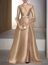 abordables Vestidos de Noche en A-Corte A Hasta el Suelo Vestidos de noche Corte Cenicienta Vestimenta formal Elegante Sedoso Manga 3/4 Escote en Pico Invitado a la boda Fiesta de Cóctel Satén con Abertura