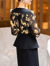 abordables Ensembles de robes pour maman-Deux Pièces Ensembles de Robes Robe de Mère de Mariée  Élégant ancien Col ras du cou Longueur thé Chiffon manche longue avec Imprimé