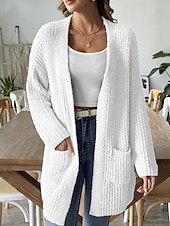 Недорогие Кардиган с открытым передом-Жен. Вязаная ткань Кардиган Уличный стиль На каждый день Сплошной цвет Открытый перед Карман Трикотаж Длинный рукав Обычные топы Вязать Повседневные На выход выходные Черный Белый Осень Зима