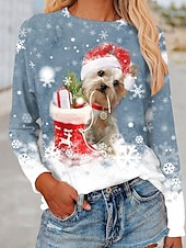 abordables Hauts de Noël-Noël Femmes T-shirt Graphique Chien Noël ancien Mode Élégant manche longue Col ras du cou Col rond Hauts Réguliers Quotidien Week-end Imprimé Bleu Violet Fuchsia Vert Kaki Automne Hiver