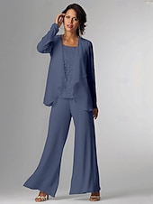 baratos Terninhos de calça da mamãe-Conjunto de calças 3 peças Mãe da noiva Convidada de casamento Formal Elegante Plus Size Envoltório Comprimento do chão Chiffon Sem mangas com Renda